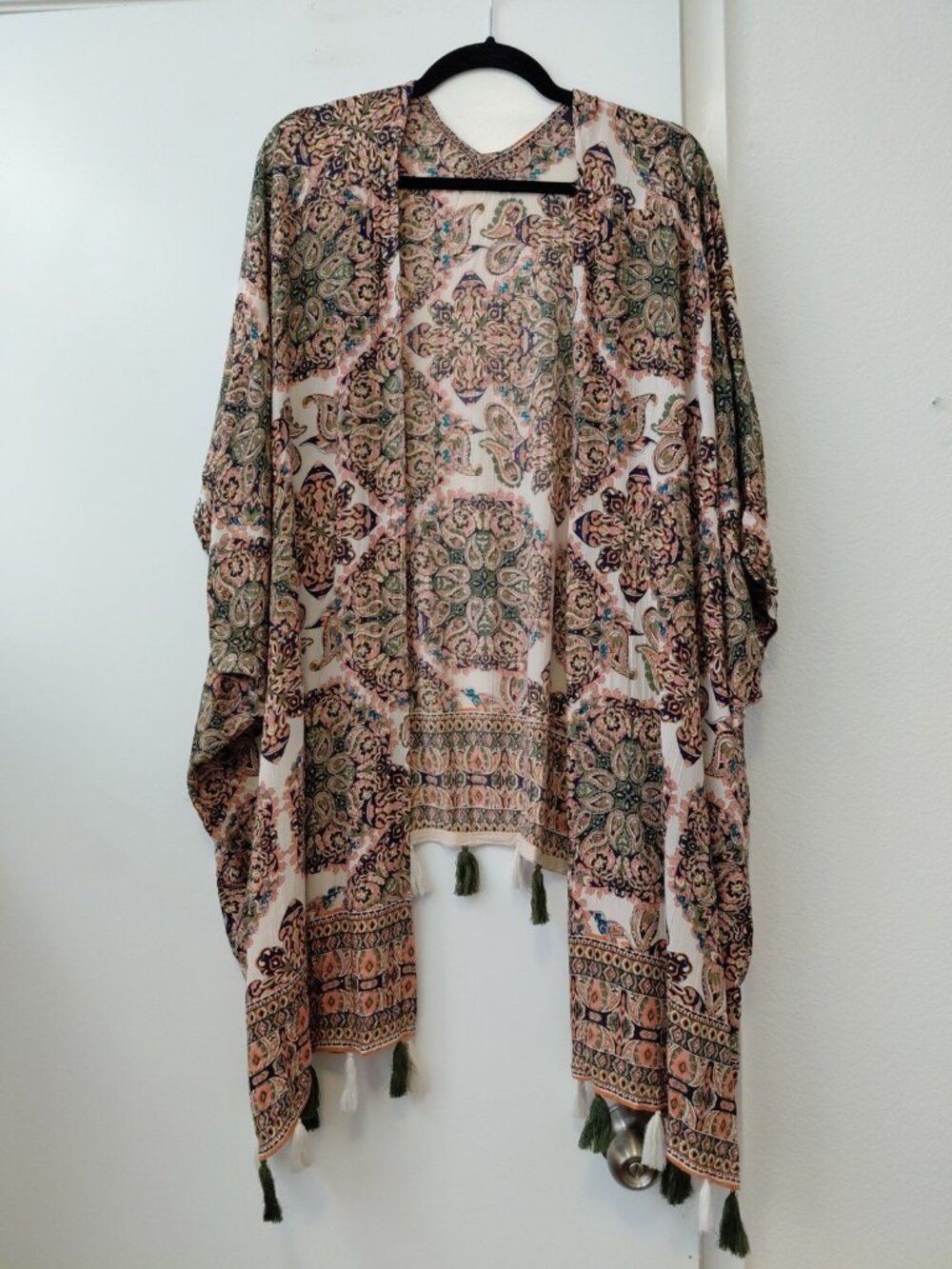 Angie Boho Kimono Cardigan Paisley Green Ivory Tassels Open Medium